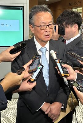 両院議員懇談会への出席後、記者団の取材に応じる船田氏＝14日夕、都内の自民党本部
