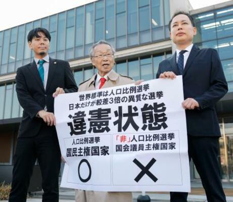「1票の格差」訴訟の判決を受け、名古屋高裁金沢支部前で「違憲状態」などと書かれた紙を掲げる原告側の升永英俊弁護士(中央)ら=29日午後