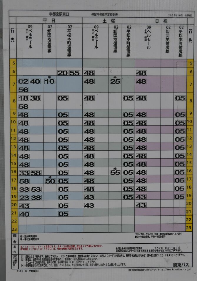 関東バス３番乗り場の時刻表。宇都宮大学前に向かう路線は「卸団地循環線」と「ベルモール行」の二つ＝２０日午後、宇都宮市内