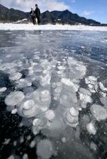 凍った糠平湖に天然の水玉模様