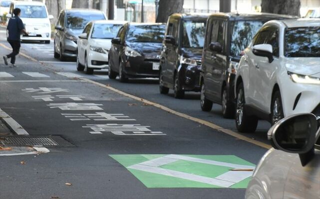 下地を緑色にカラー化した横断歩道を予告するダイヤマーク＝３日午後、宇都宮市本町