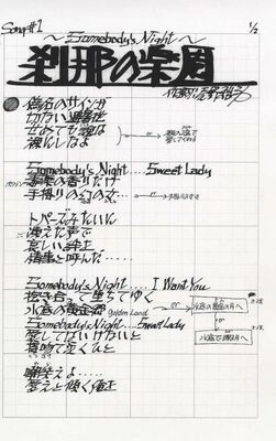 「Somebody‘s Night」の原稿。当初のタイトルは「刹那の楽園」と付けていた