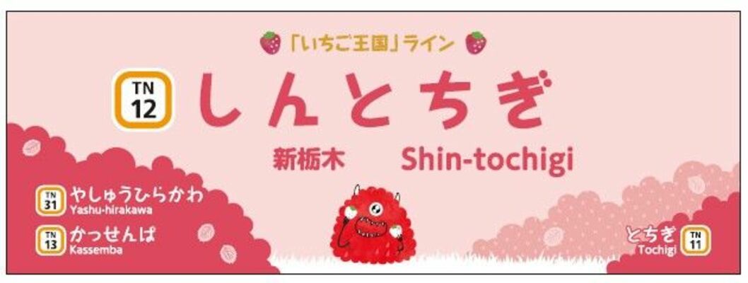 東武宇都宮線の各駅に設置する「いちご王国」仕様の駅名看板のイメージ
