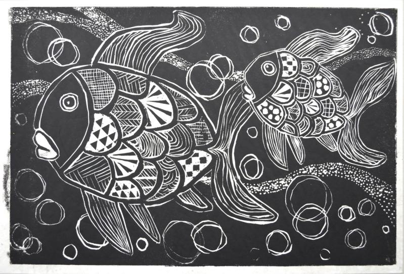 特選】きれいなもようの魚 版画 那須塩原市三島小4年 プンザラン