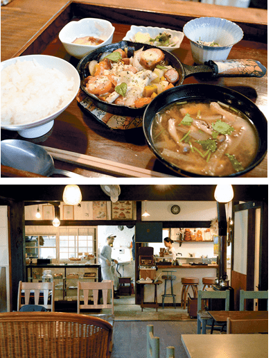 地元の野菜や米を楽しめるランチ㊤、 アンティーク調で落ち着く店内㊦