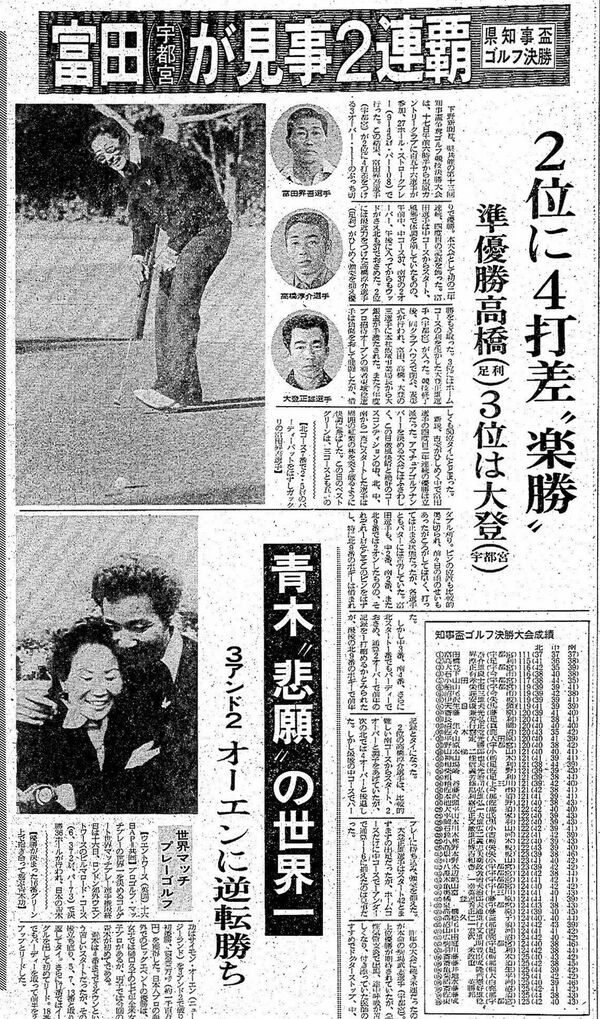 富田の連覇を伝える下野新聞（1978年10月18日付）