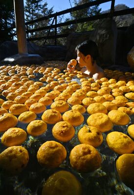多くのユズが浮かべられた露天風呂＝13日午前11時５分、日光市鬼怒川温泉大原