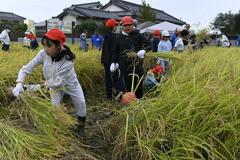 実りに感謝、稲刈りに汗