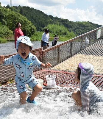 暑さの中、やなではしゃぐ子どもたち