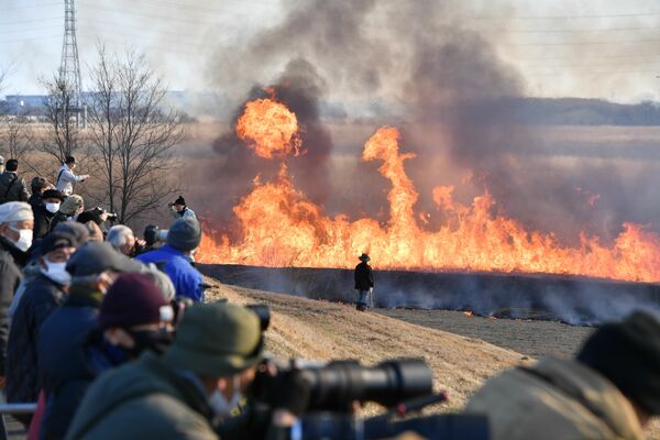 炎と黒煙を上げる渡良瀬遊水地のヨシ原＝４日午前８時40分、栃木市藤岡町赤麻