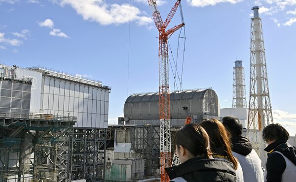 ブルーデッキから見える２号機（左）とドーム型の３号機＝９日午後０時30分、福島県大熊町