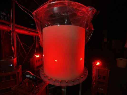 赤色LED光が照射された透明タンクの醪