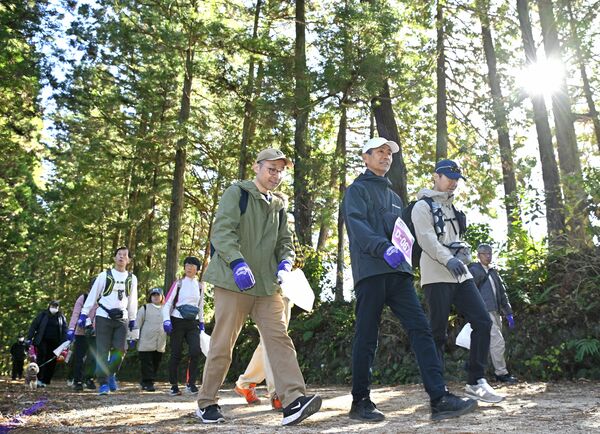 ゴミ袋を手に杉並木を歩く参加者＝30日午前11時10分、日光市瀬川