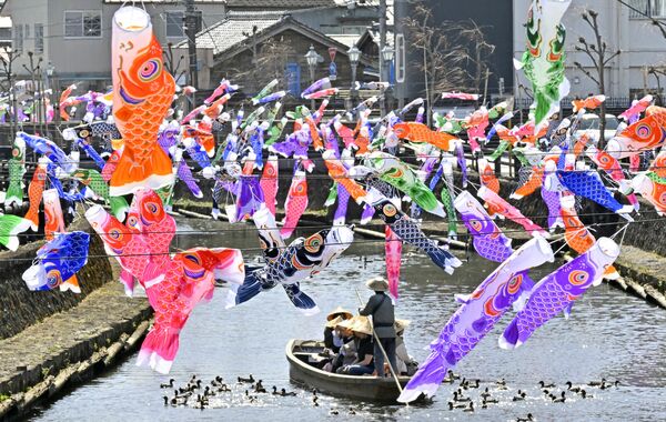風にたなびくこいのぼり=14日午後1時10分、栃木市湊町