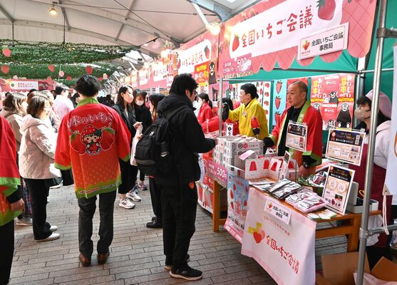 各県自慢のイチゴを販売する「全国いちご会議」のブース＝21日午前、横浜市中区