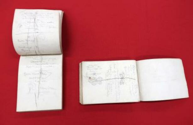 　オークションに出品される小泉八雲の創作ノート。右のノートにはチョウのイラストが描かれている