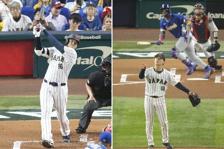 　ＷＢＣ準々決勝ベネズエラ戦の先発・山本由伸投手（右）と１番・指名打者の大谷翔平選手。先頭打者本塁打の応酬で盛り上がるも逆転負けし侍ジャパン２連覇ならず。ベネズエラは決勝で米国を破り初優勝＝３月14日、マイアミ共同