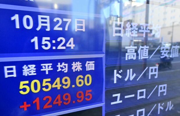 5万円を初めて超えて最高値を示す日経平均株価のモニター=27日午後3時25分、宇都宮市池上町