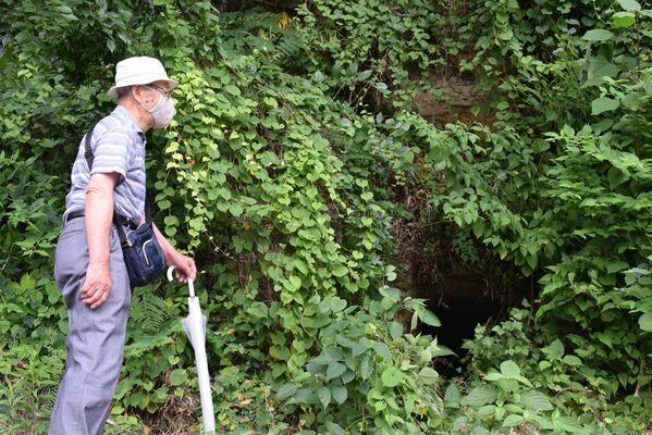 空襲当時避難した防空壕の入り口（右下）を見つめる郷間恒男さん＝12日午前、宇都宮市