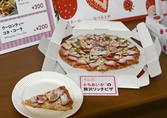 とちあいかの贅沢リッチピザ＝28日午後、県庁