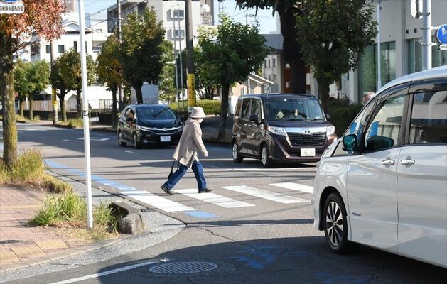 信号のない横断歩道を渡る歩行者＝１１月２６日午後、宮崎市宮田町