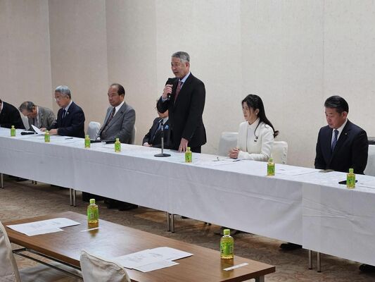 選対解散式であいさつする佐藤県連会長代行（右から３人目）＝21日午前、宇都宮市