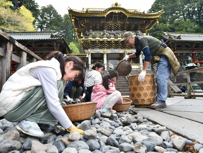 石を返して、ごみを取り除く参加者たち＝26日午前、日光東照宮