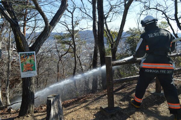 林野火災を想定した訓練で放水する隊員