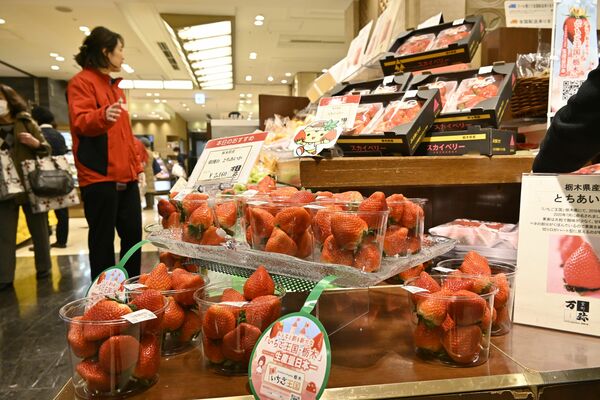 県産イチゴが陳列されている売り場＝10日午後、東京都中央区