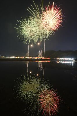 田んぼの水面に反射する花火