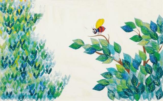 　レオ・レオーニ「あいうえおの　き」原画（１９６８年　Ｗｏｒｋｓ　ｂｙ　Ｌｅｏ　Ｌｉｏｎｎｉ，Ｏｎ　Ｌｏａｎ　Ｂｙ　Ｔｈｅ　Ｌｉｏｎｎｉ　Ｆａｍｉｌｙ）（提供写真）