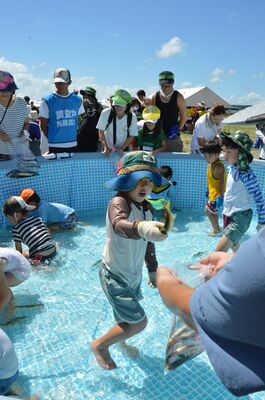 つかみ取ったアユを掲げる子ども