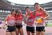　混合１６００メートルリレー予選で３分１２秒０８の日本新をマークした（左から）松本奈菜子、井戸アビゲイル風果、吉津拓歩、今泉堅貴＝国立競技場