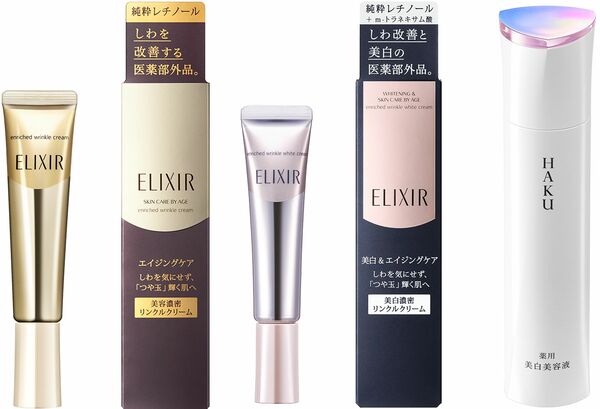 那須工場を代表する人気商品。左からエリクシール リンクルクリームの本体と外装箱、リンクルホワイトクリームの本体と外装箱、HAKUメラノフォーカスEV