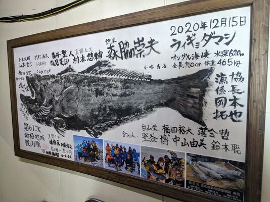 昭和基地のろうかに飾られているライギョダマシの魚拓＝２０２１年１２月、南極