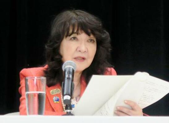 　Ｇ２０財務相・中央銀行総裁会議後、記者会見する片山財務相＝１６日、米ワシントン（共同）