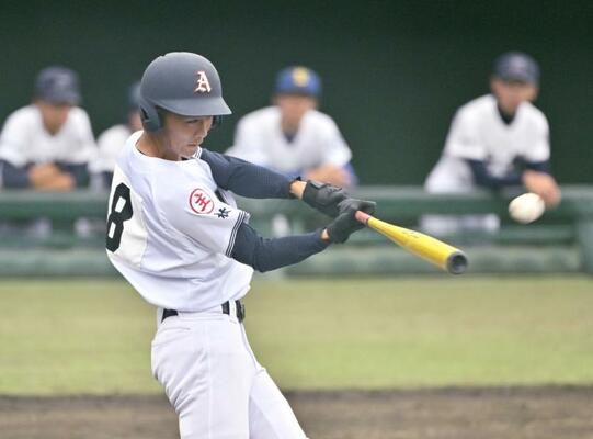 ７回、足利の関口が適時二塁打を放つ＝エイジェックスタジアム、広瀬華撮影