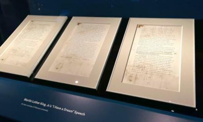 　米公民権運動の黒人指導者キング牧師が１９６３年、「私には夢がある」と訴えた時に用意していた演説原稿＝２日、ワシントン（共同）