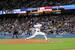　フィリーズ戦に先発したドジャース・大谷。５回無安打無失点と好投したが勝敗は付かなかった＝ロサンゼルス（共同）