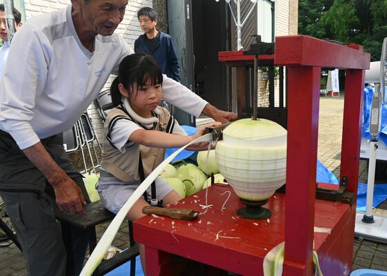 真剣な表情でかんぴょうむきを体験する子ども