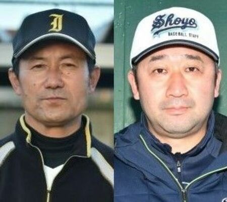 石橋の福田博之監督（左）、能代松陽の工藤明監督