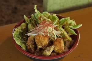 天ぷらと唐揚げをかけ合わせたテンカラ丼