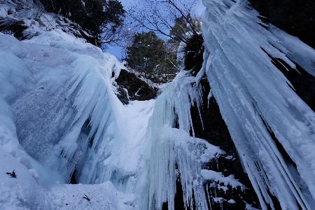 　乗鞍岳山麓の標高約1800メートルにある三本滝。その名の通り、三方向から流れ落ちる滝で、厳冬期に雄大な氷瀑が形成されます。「アイスブルー」が神秘的です＝2026年２月５日