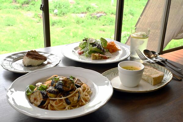 揚げなすのトマトソーススパゲティ（手前）。前菜とドルチェ付き