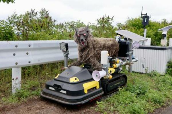 野生動物の侵入を防ぐため北海道の釧路空港に本格導入された自走式の撃退装置「モンスターウルフ」=13日午前