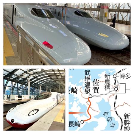 　山陽・九州新幹線を走る「みずほ」「さくら」（上）と、西九州新幹線の車両（下）。右下は西九州新幹線の路線図。写真はいずれもｐｈｏｔｏＡＣ提供