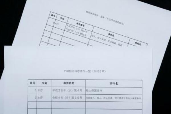 　甲府家裁（手前）と長崎家裁がホームページに掲載した、特別保存に付する認定を行った事件の一覧