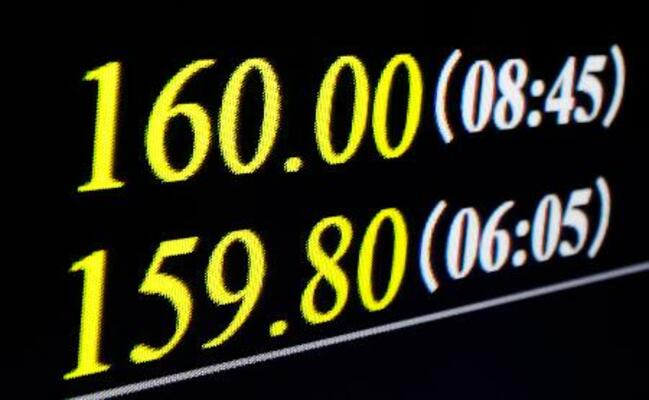 　一時１ドル＝１６０円台を付けた円相場を示すモニター＝３日午前、東京・東新橋