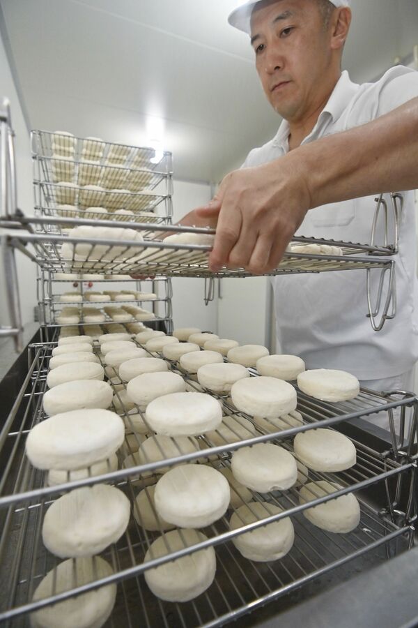 熟成中のチーズ「昌」の反転作業＝２日午後０時10分、大田原市中田原