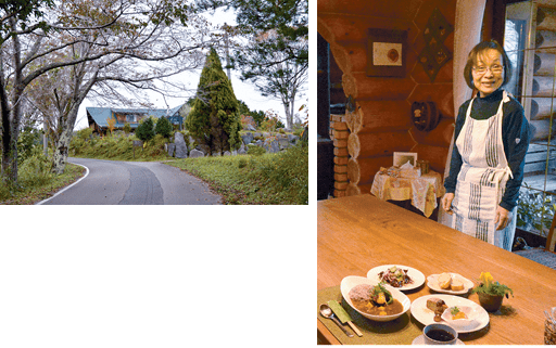 那珂川沿いの山の頂上に佇む㊧、木のぬくもりと体にもおいしい手作りの料理に癒されます㊨